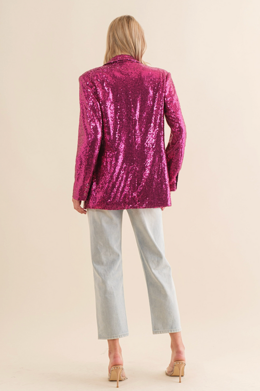 Hot Pink Sequin Boyfriend Single Blazer