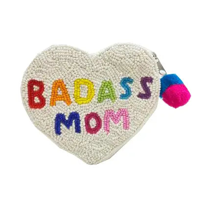 'Badass Mom' Heart Seed Bead Pouch
