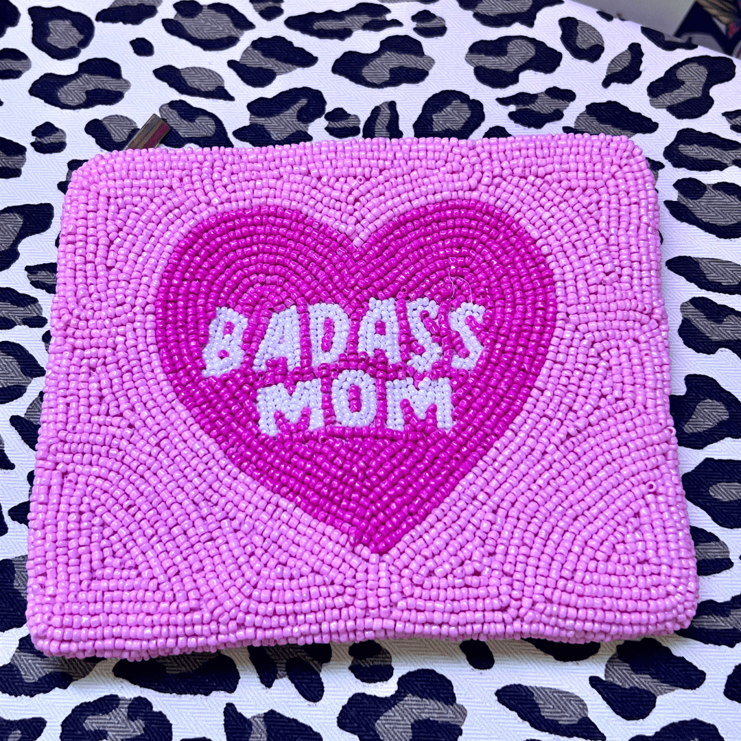 'Badass Mom' Heart Seed Bead Pouch