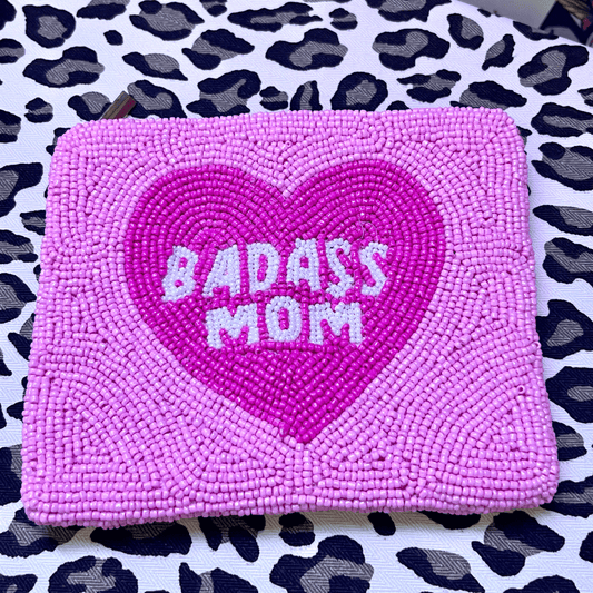 'Badass Mom' Heart Seed Bead Pouch