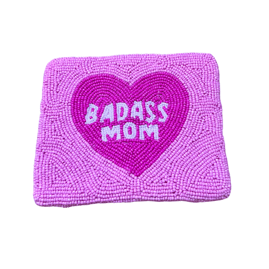 'Badass Mom' Heart Seed Bead Pouch