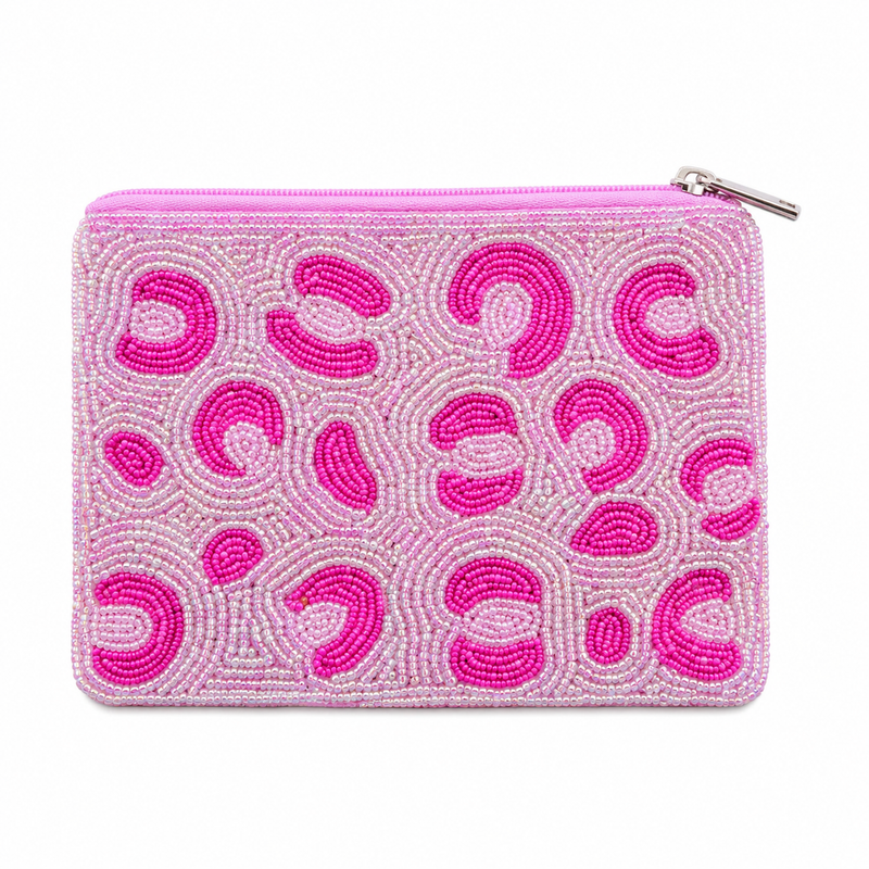 Pink Leopard Print Beaded Pouch