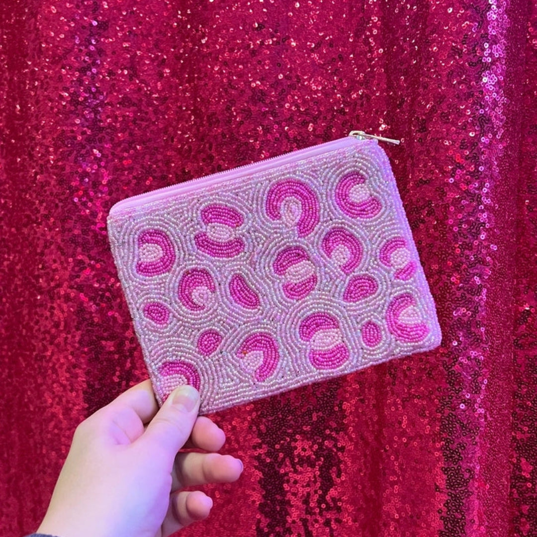 Pink Leopard Print Beaded Pouch