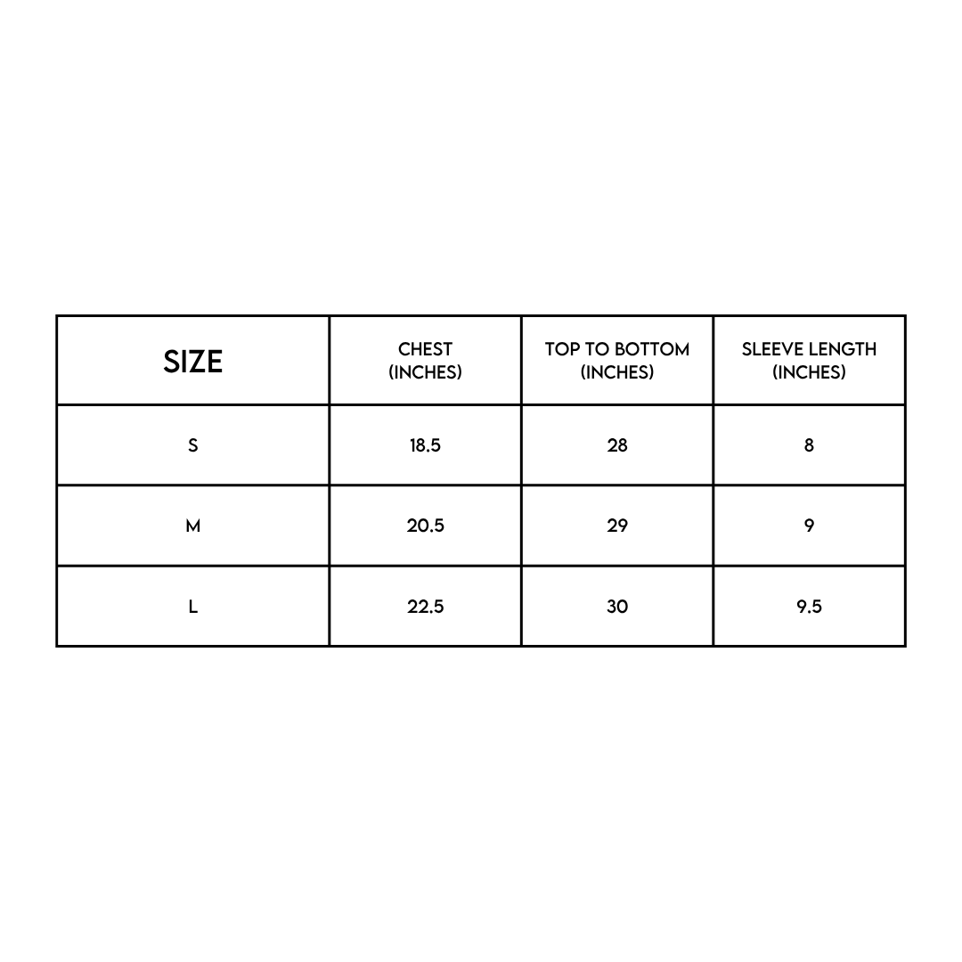Dancing Queen Boxy Cropped Tee size chart