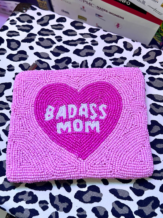 'Badass Mom' Heart Seed Bead Pouch