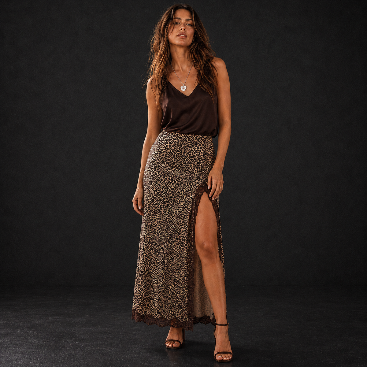 Leopard & Lace Slit Skirt