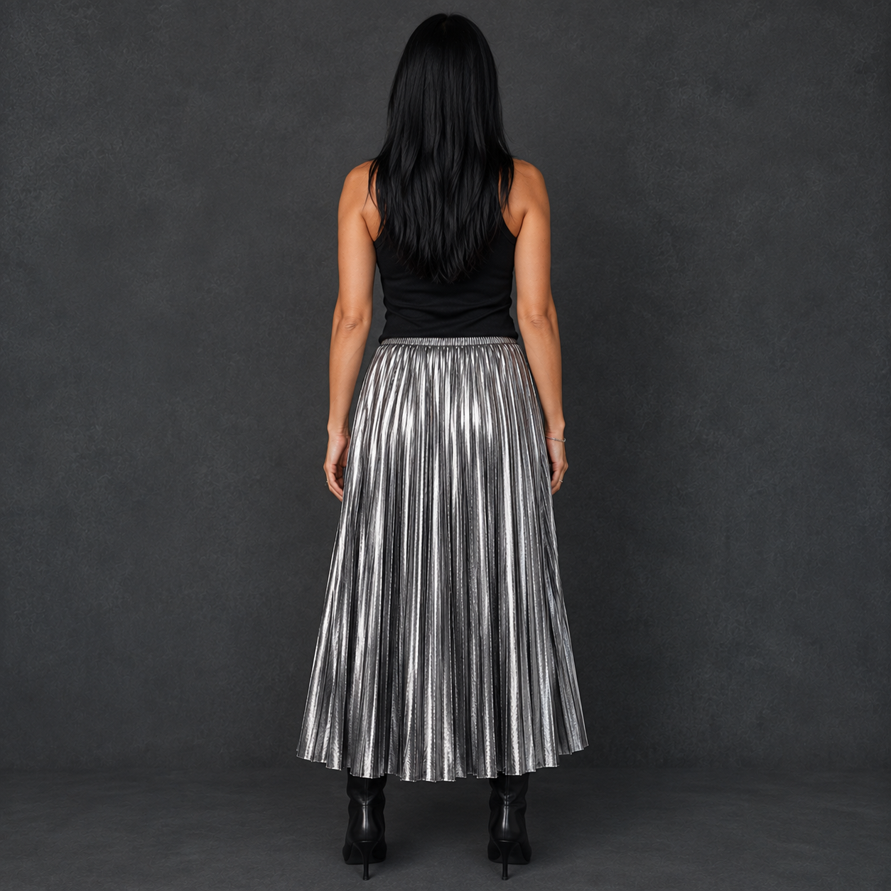 Make Your Move Metallic Pleated Midi Skirt