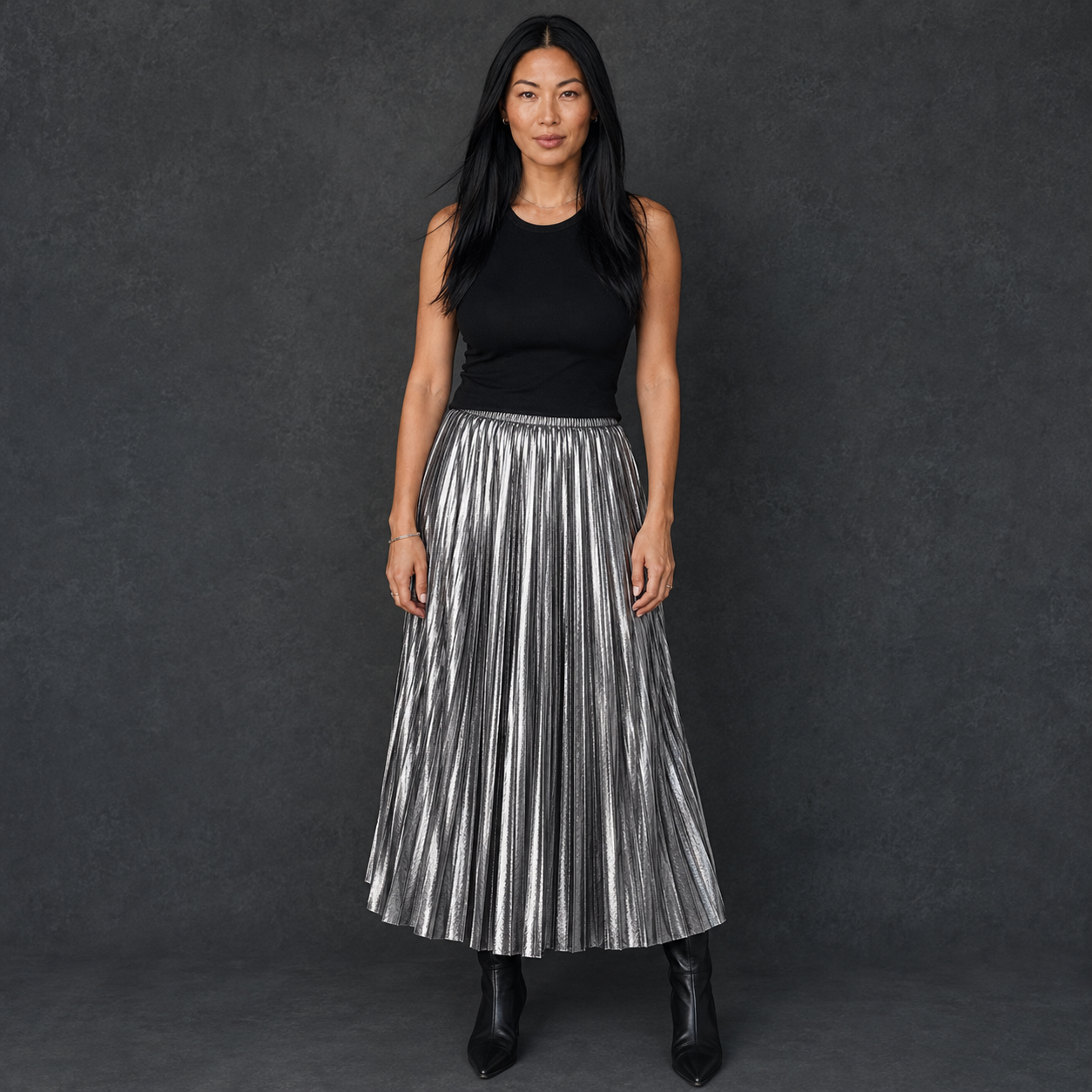 Make Your Move Metallic Pleated Midi Skirt