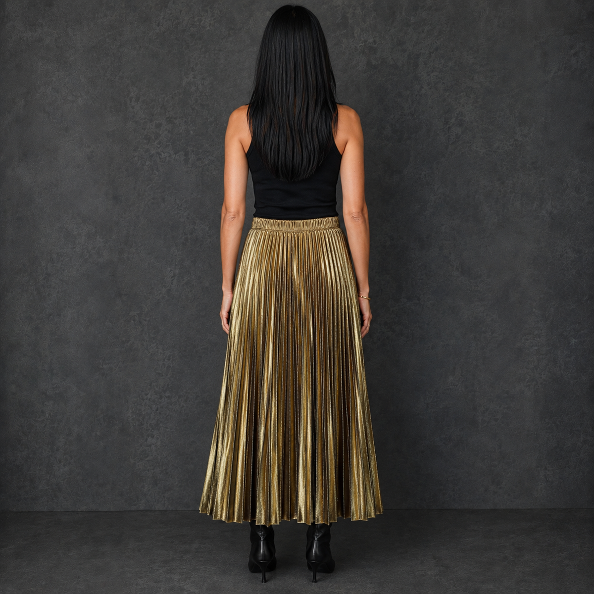 Make Your Move Metallic Pleated Midi Skirt