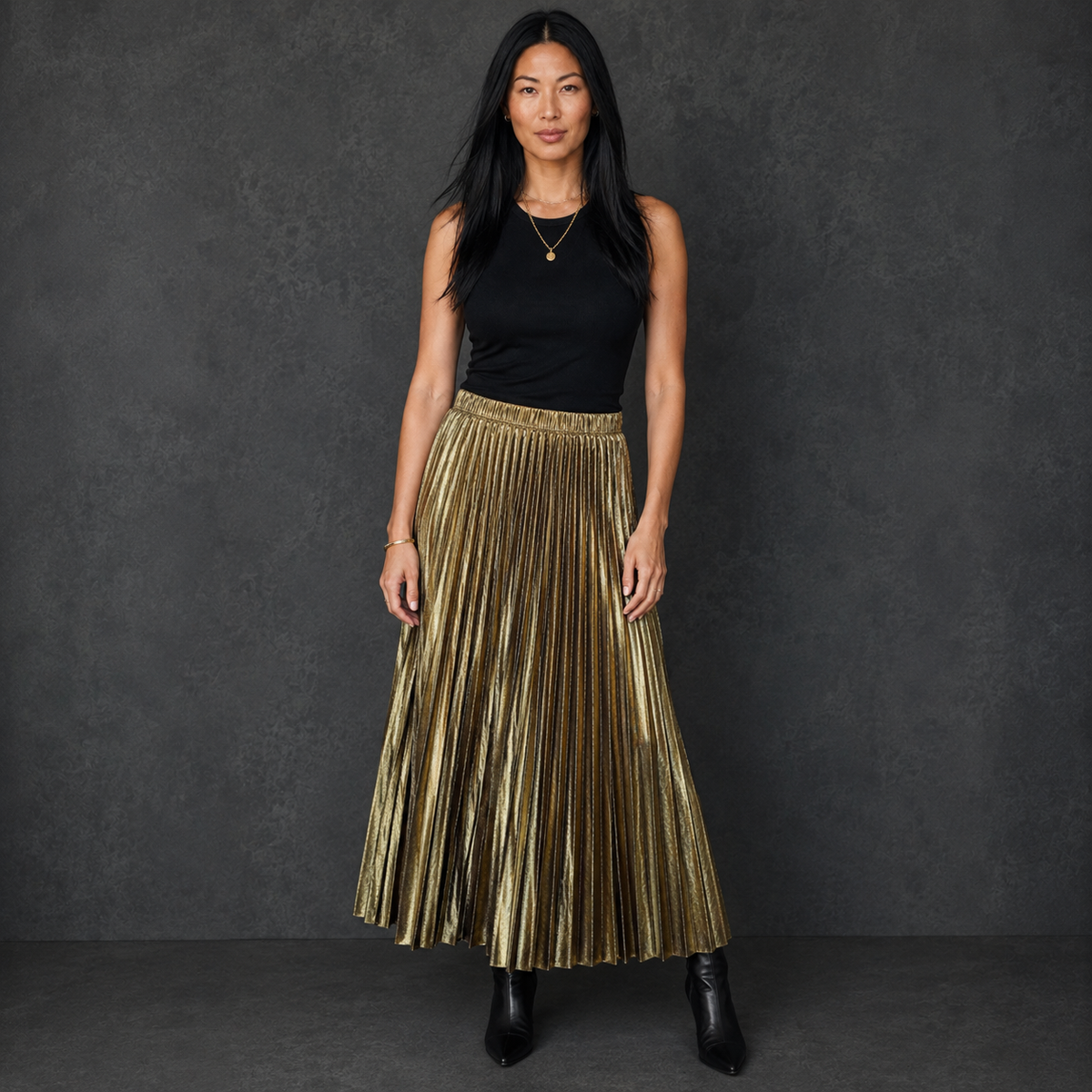 Make Your Move Metallic Pleated Midi Skirt