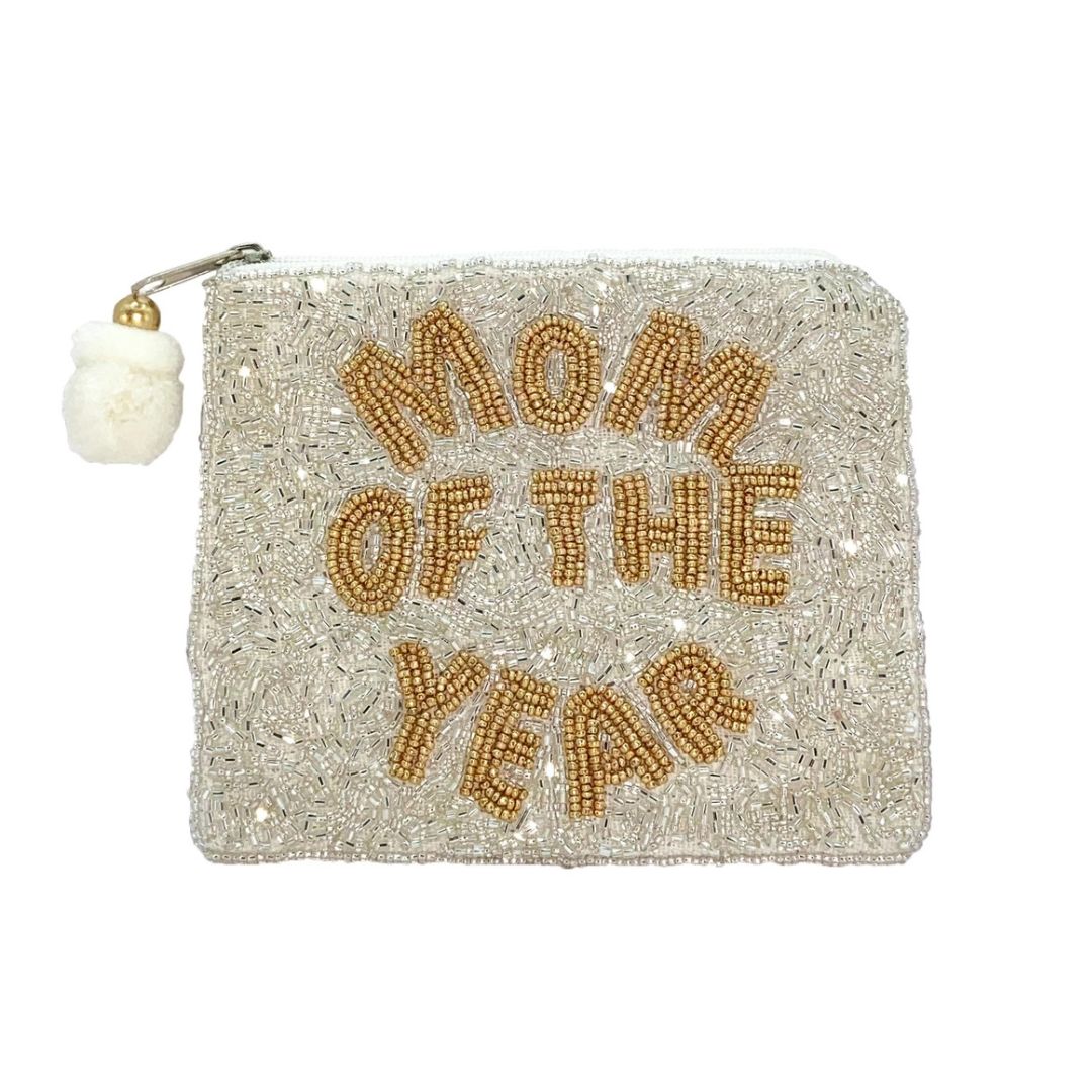 Beaded Pouch with "MOM OF THE YEAR" graphic in beadwork.