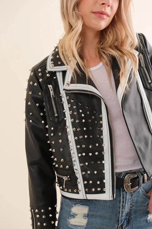 Faux Leather Studded Moto Jacket
