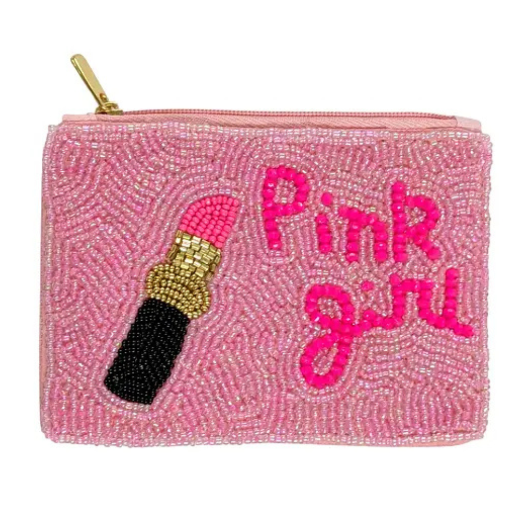 Pink Girl Beaded Zip-Up Pouch