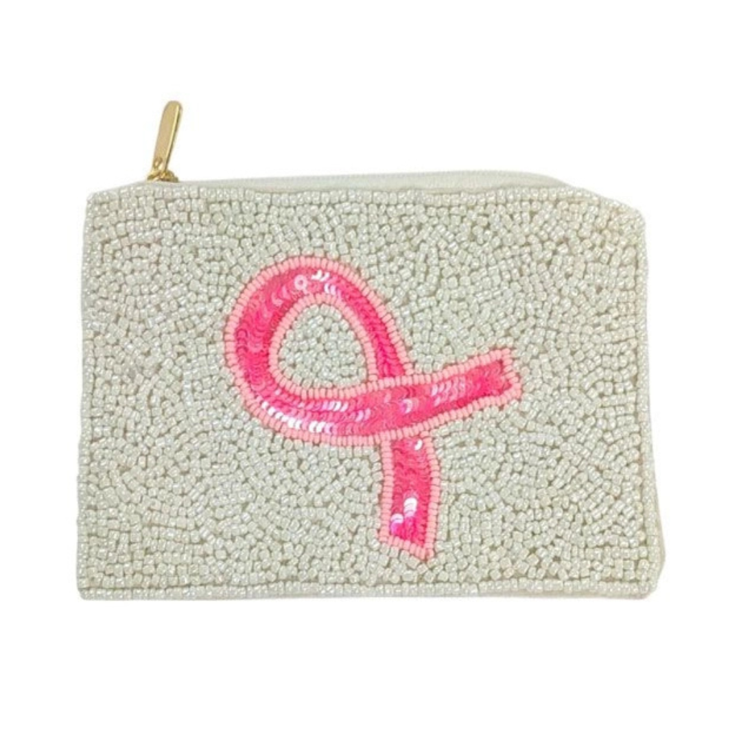 Pink Ribbon Beaded Pouch