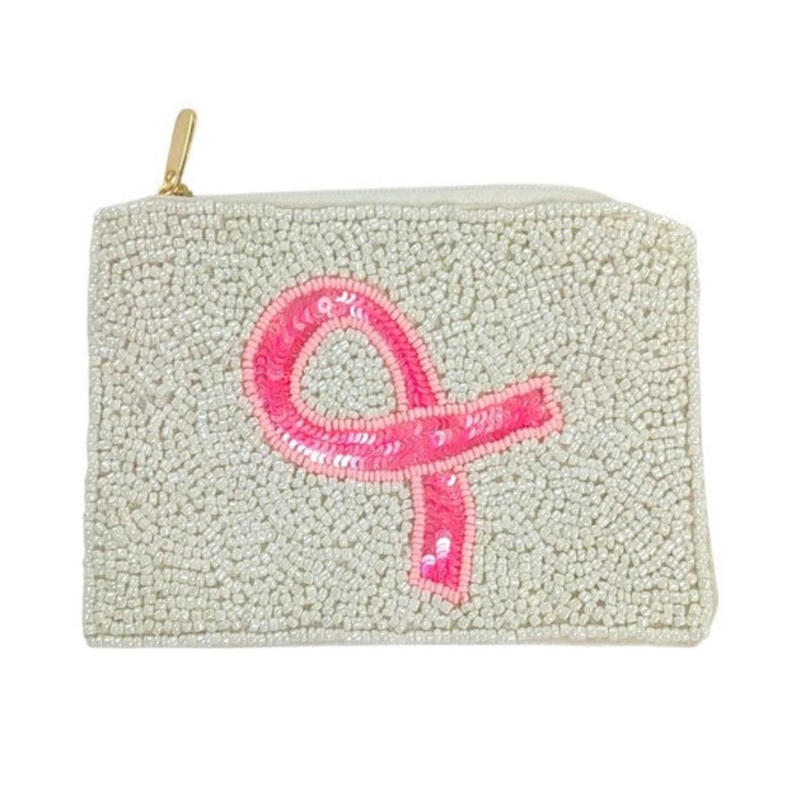 Pink Ribbon Beaded Pouch