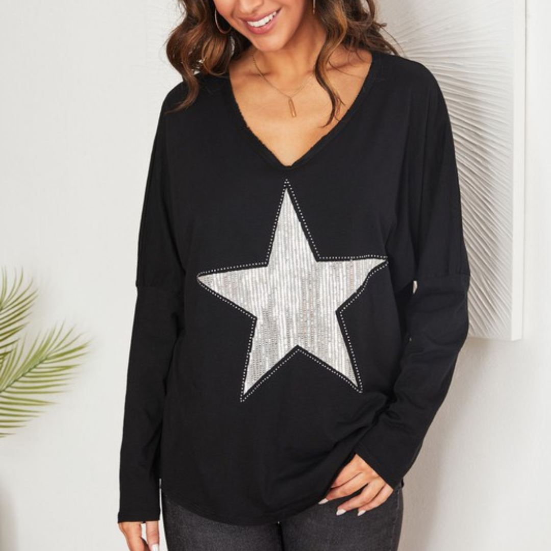 Sequin Star Long-Sleeve V-Neck