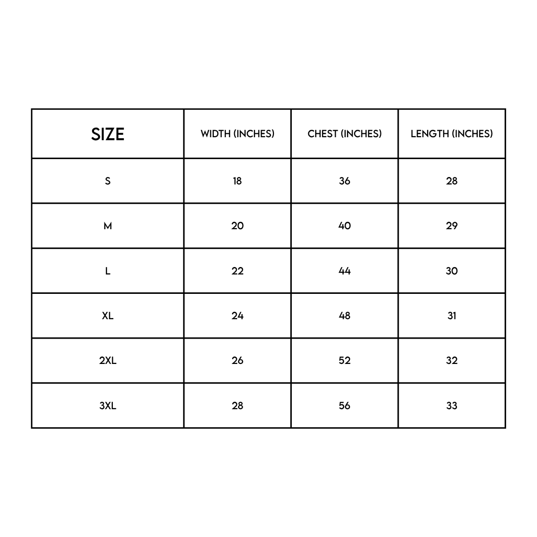 Lightning Bolt T-Shirt size chart