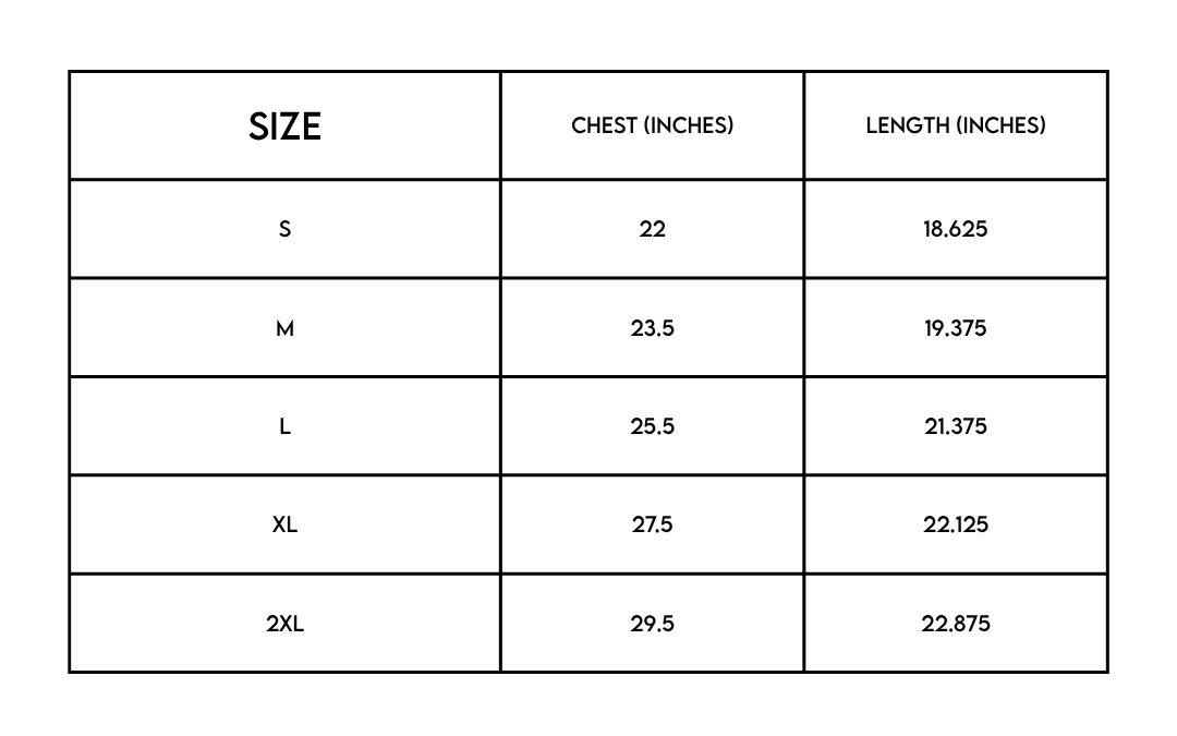 Rock Goddess Hoodie size chart