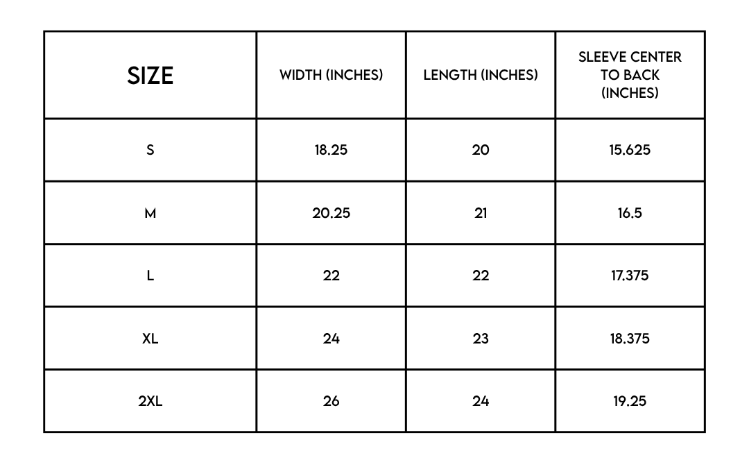 Rock Goddess Tee size chart