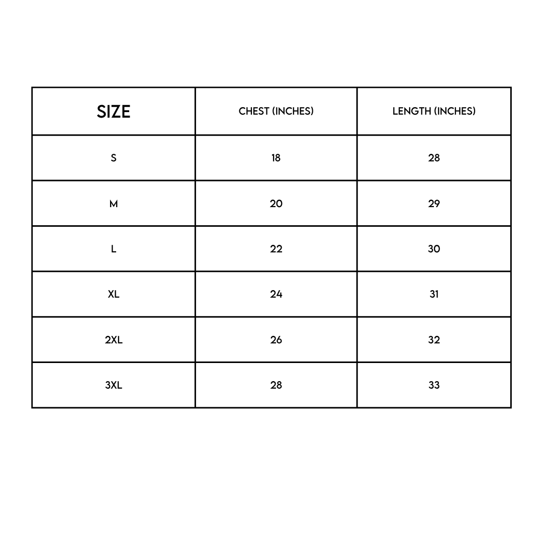 Women's Health Equality Now Tee - UNISEX CUT size chart